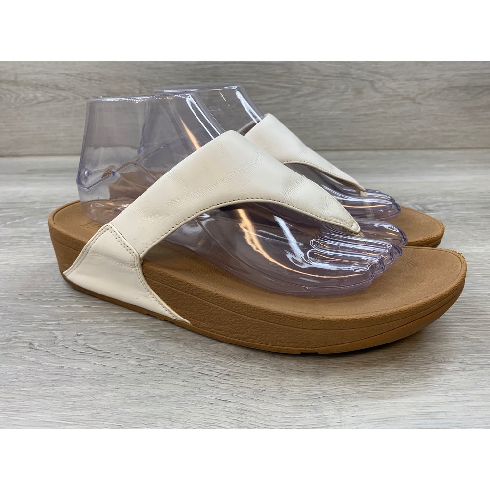 FitFlop Lulu White Leather Toe-Post Wedge Sandals Women's 9 Comfort Shoes